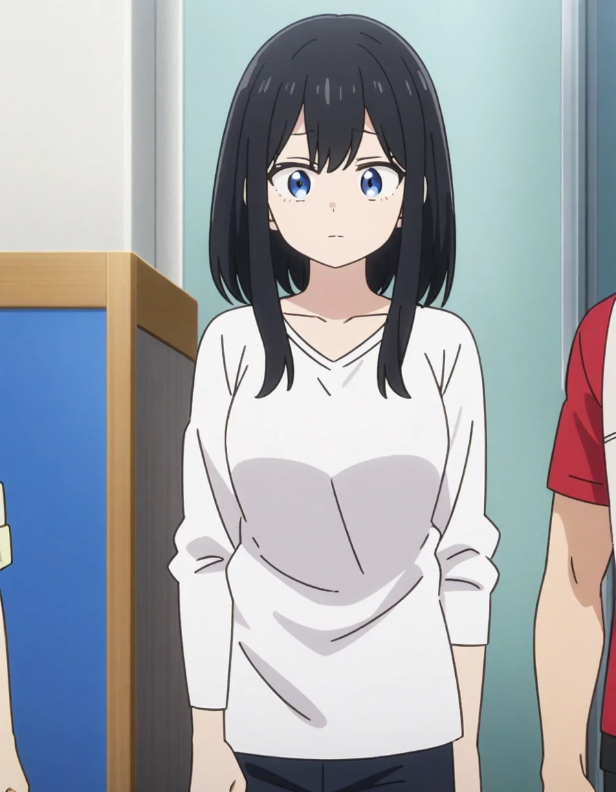 screenshot of girl from the anime Boku No Hero, long black hair, light blue eyes, wearing a simple white long sleeve t-shirt with a V-neckline.