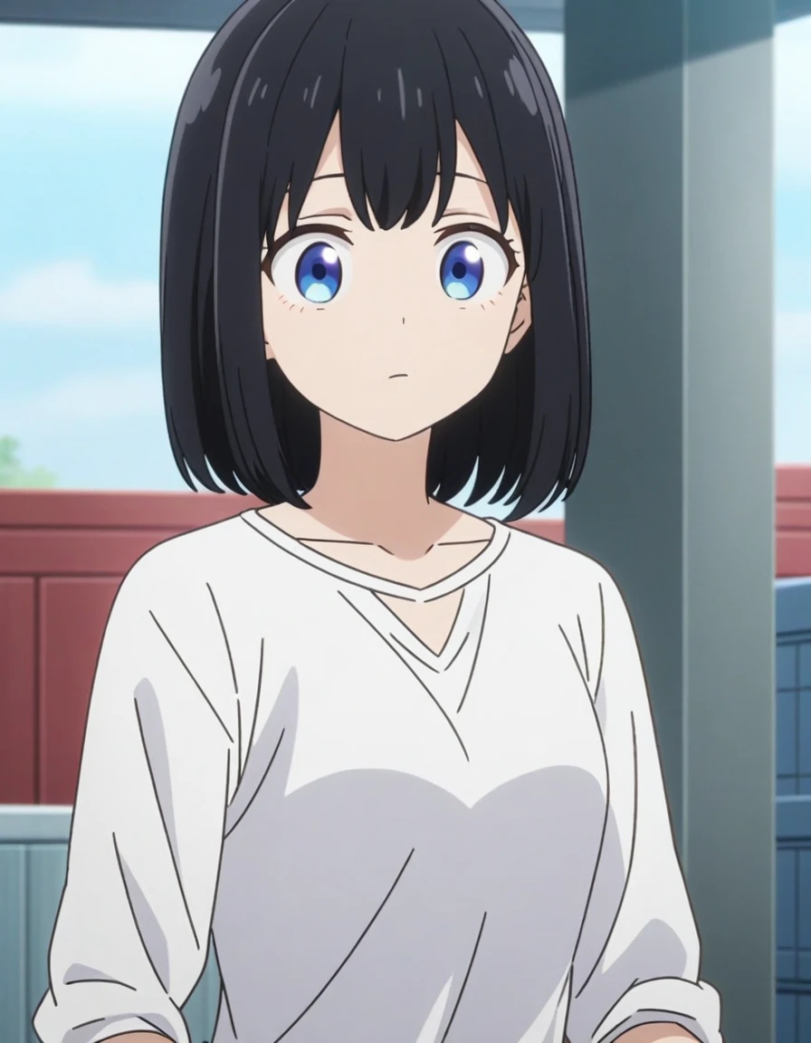 screenshot of girl from the anime Boku No Hero, long black hair, light blue eyes, wearing a simple white long sleeve t-shirt with a V-neckline.