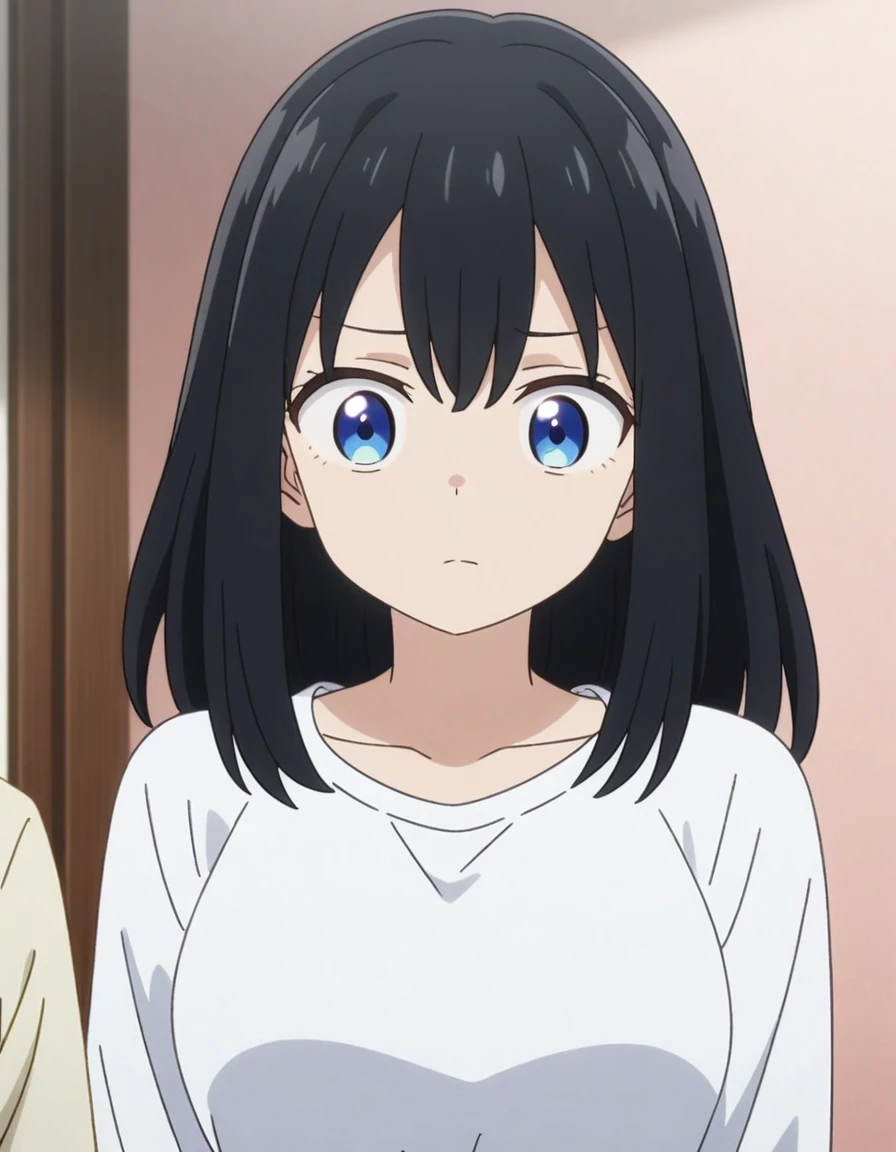 screenshot of girl from the anime Boku No Hero, long black hair, light blue eyes, wearing a simple white long sleeve t-shirt with a V-neckline.