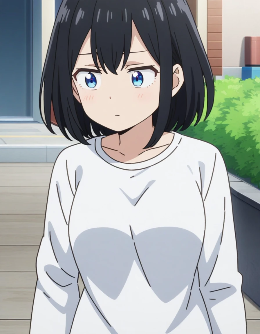 screenshot of girl from the anime Boku No Hero, long black hair, light blue eyes, wearing a simple white long sleeve t-shirt with a V-neckline. 