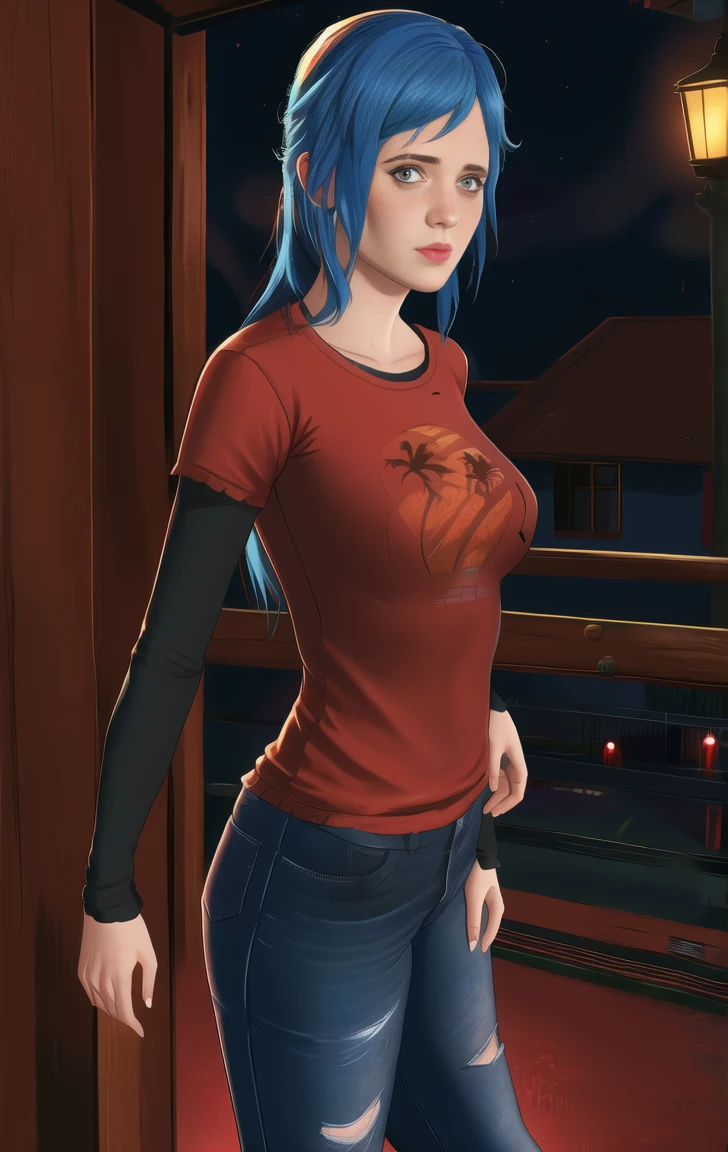 red shirt, long sleeves, standing, long hair, neon lights, night, looking at viewer, large breasts, blue jeans, solo, Marianne, blue hair, brown eyes, elliet1