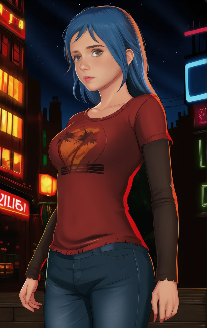 red shirt, long sleeves, standing, long hair, neon lights, night, looking at viewer, large breasts, blue jeans, solo, Marianne, blue hair, brown eyes, elliet1