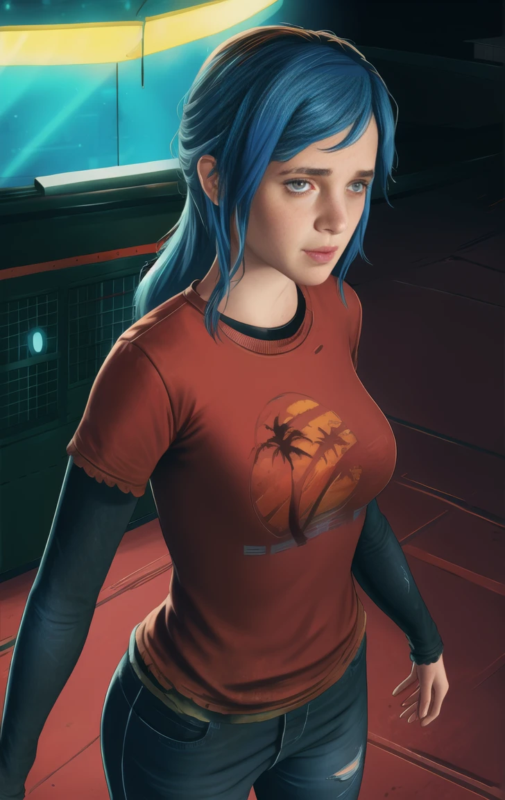 red shirt, long sleeves, standing, long hair, neon lights, night, looking at viewer, large breasts, blue jeans, solo, Marianne, blue hair, brown eyes, elliet1