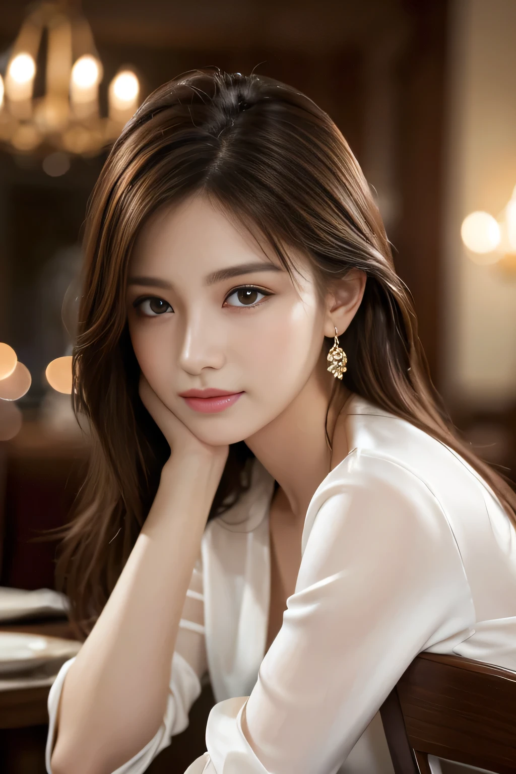 masterpiece, Highest quality, Realistic, Very detailed, Finer details, High resolution, 8k wallpaper, One beautiful woman, Wear an elegant white silk shirt, In a great restaurant, At night, Light brown messy hair, Perfect dynamic composition, Beautiful and beautiful eyes、Big earrings、Sit on a chair、
