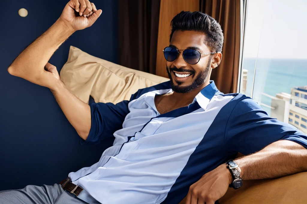Cool guy smile Achievers navy shirt Luxury Suite Room sunglasses Stylish King One person high resolution high quality