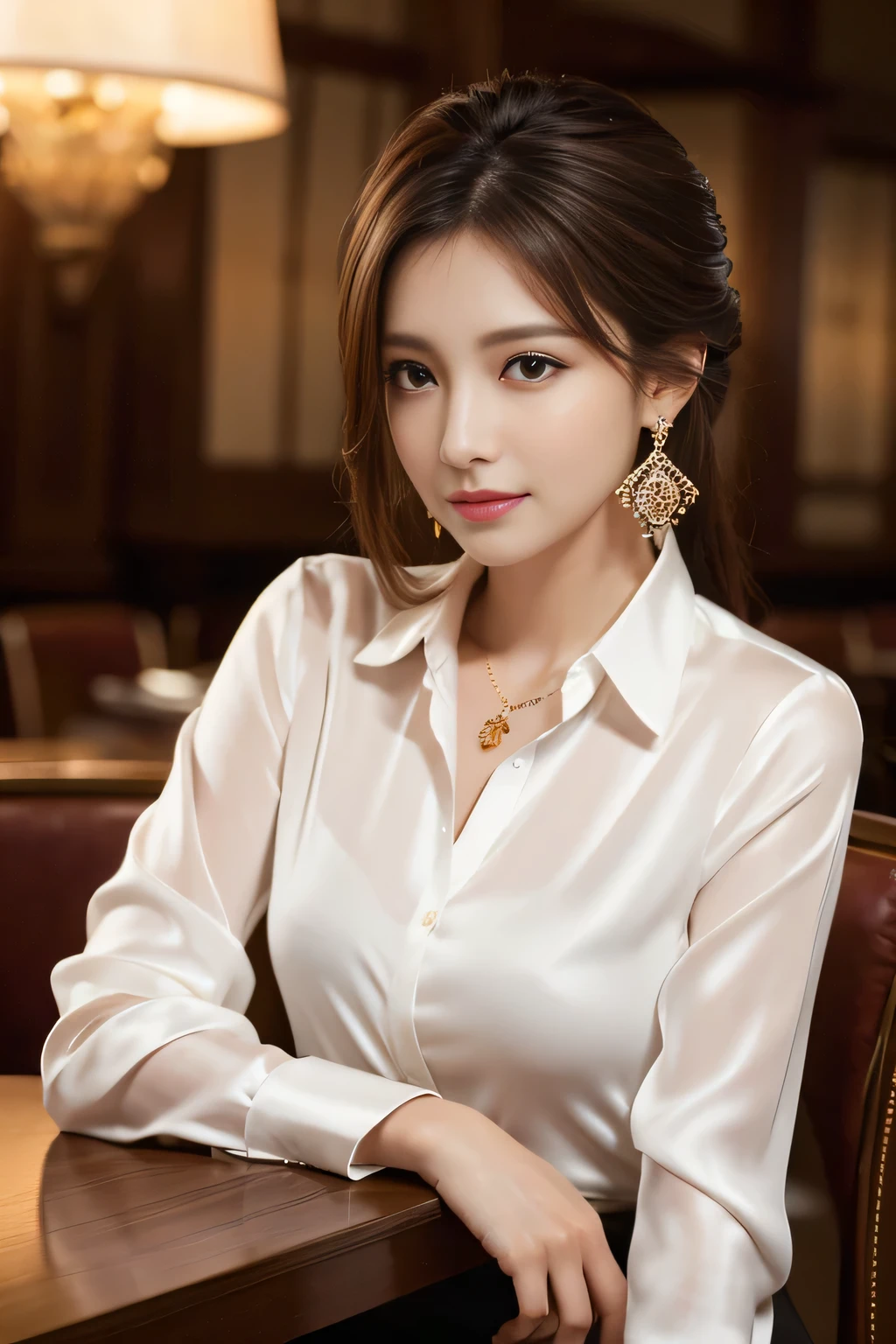 masterpiece, Highest quality, Realistic, Very detailed, Finer details, High resolution, 8k wallpaper, One beautiful woman, Wear an elegant white silk shirt, In a great restaurant, At night, Light brown messy hair, Perfect dynamic composition, Beautiful and beautiful eyes、Big earrings、Sit on a chair、
