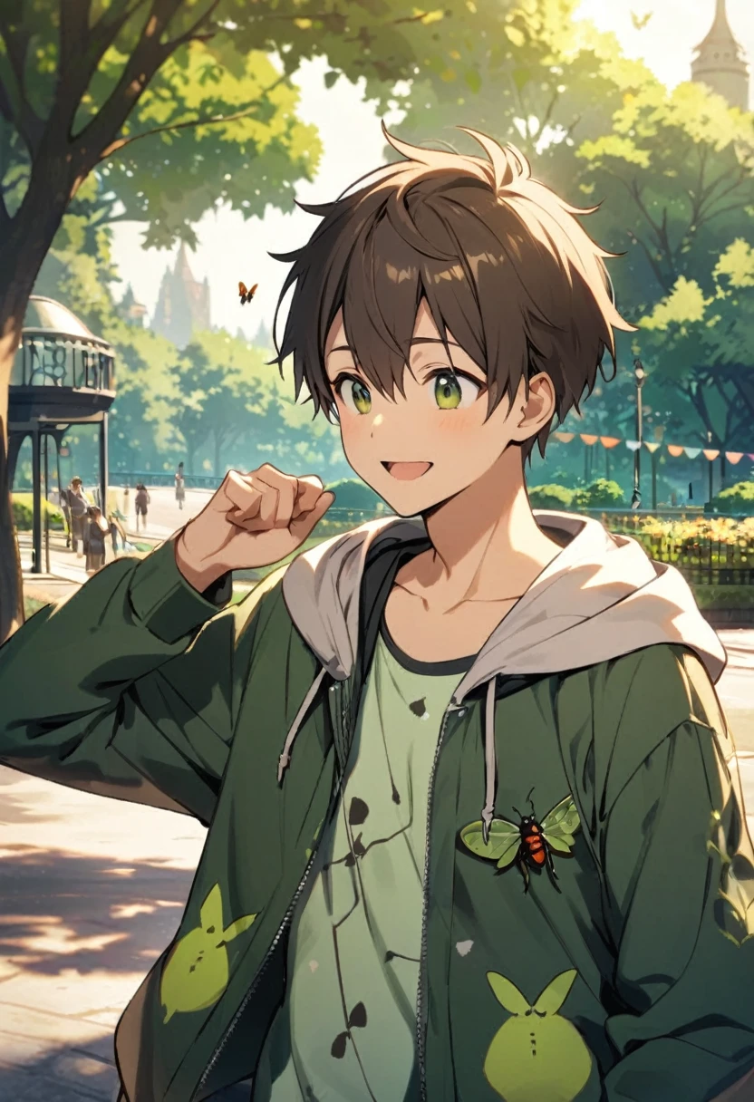 young male, brown spiked short hair, dark green open hoodie, (bug theme), park background, friendly