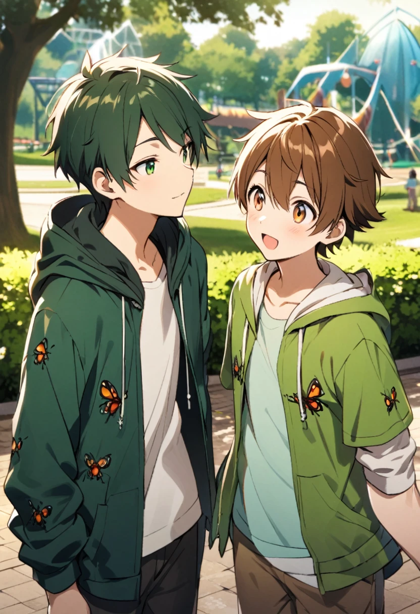 young male, brown spiked short hair, dark green open hoodie, (bug theme), park background, friendly