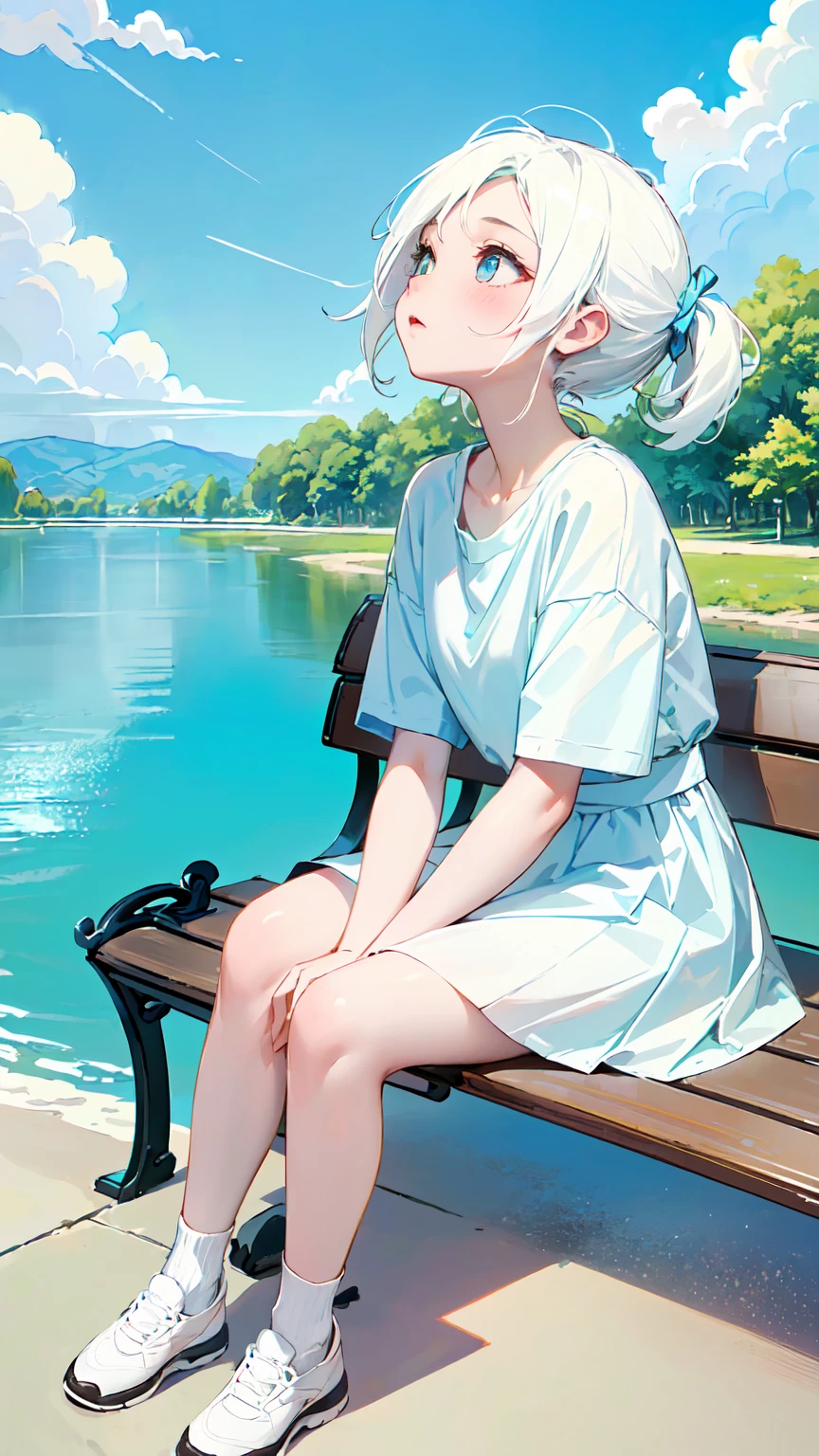 finely detailed illustration, best quality, masterpiece, vibrant color,13 years old、pretty girl、(((Sitting on a bench looking up at the sky:1.37、Girl sitting on the floor looking up at the sky:1.2、Look at the sky:1.37)))、One beautiful girl、Extremely delicate facial and skin texture、White Summer Knitwear、Black long skirt、Everyday Scenes、Pleasant sunshine、In perfect harmony with nature、relaxation、(((Parks by the river、blue sky、White cloud、Summer day)))、Young people、15 years old、Summer vacation、Highest quality、masterpiece