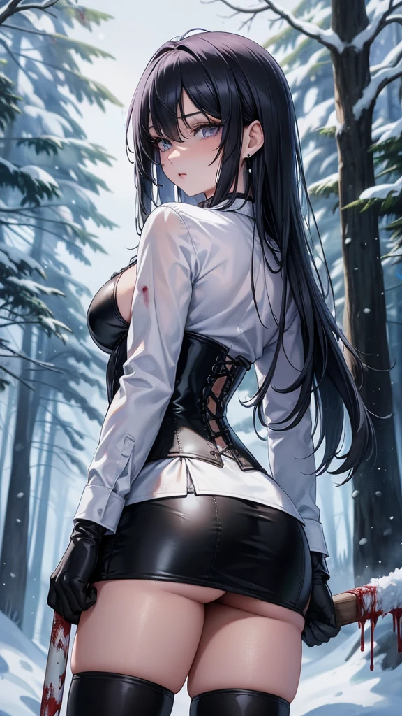 ((blood droplets)), ((blood)), ((blood splatter)), ((blood on clothes)), ((blood stain)), Masterpiece, Beautiful art, professional artist, 8k, art style by sciamano240, Very detailed face, Detailed clothing, detailed fabric, 1 girl, view from behind, perfect ass, standing, perfectly drawn body, terrified expression, pale skin, beautiful face, long black hair, Blue eyes, very detailed eyes, pink cheeks, choker:1.6, (white collar button down long sleeve shirt), black gloves, gloves that cover hands, (holding an ax in his right hand), (black leather corset), (shiny black miniskirt), Sensual Lips , evening de invierno,  show details in the eyes, looking at the viewer, Dark road, Snowy forest, evening, Atmosphere, snow