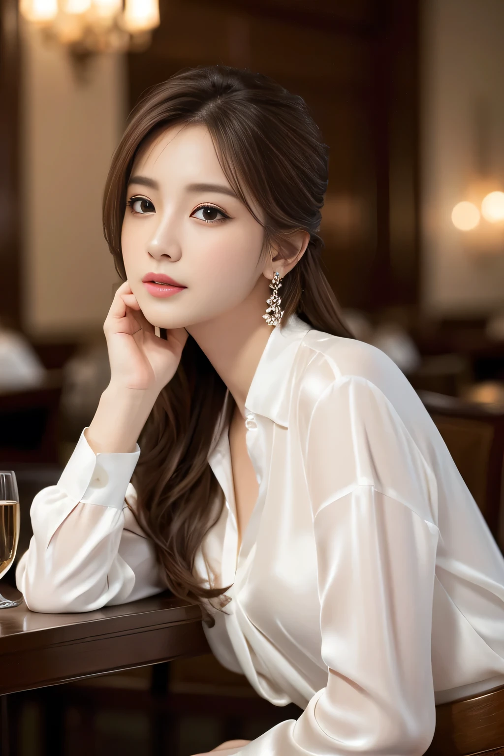 masterpiece, Highest quality, Realistic, Very detailed, Finer details, High resolution, 8k wallpaper, One beautiful woman, Wear an elegant white silk shirt, In a great restaurant, At night, Light brown messy hair, Perfect dynamic composition, Beautiful and beautiful eyes、Big earrings、Sit on a chair、