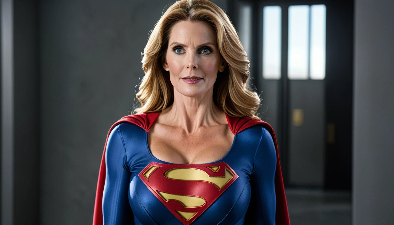 strong Julie Hagerty Supergirl; big and strong breasts. HD. Photograph, ((realism)), extremely high quality RAW photograph, ultra detailed photograph, sharp focus, high resolution, (detailed skin:1,3),high quality, film grain, Fujifilm XT3,Highly Detailed, movie, (Cinematic Photo:1.3) of (Realistic:1.3)