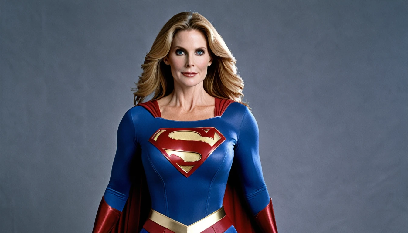 strong Julie Hagerty Supergirl; big and strong breasts. HD. Photograph, ((realism)), extremely high quality RAW photograph, ultra detailed photograph, sharp focus, high resolution, (detailed skin:1,3),high quality, film grain, Fujifilm XT3,Highly Detailed, movie, (Cinematic Photo:1.3) of (Realistic:1.3)