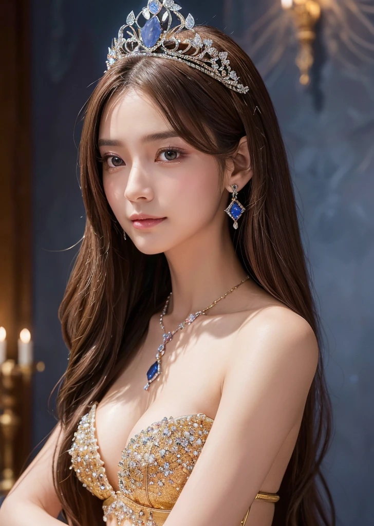 Flat Chest、(Slim body)、((Slim body))、Long Hair,masterpiece,diamond、big diamond necklace、Earrings,background of fantasy,(((Brown Hair)))、美しいきらめくcrystal玉, mystical 、Magic Ball、crystal、Fortune telling、Magical fantasy enchanted ethereal, Cinematic shots, Movie Scenes, amazing, Breathtakingly beautiful, A magical feeling in the air, A gentle smile、Wearing a tiara made of lapis lazuli、Magical fantasy, Diffuse lighting、 Highest quality, High resolution, unity 8k wallpaper, (shape:0.8), (Beautiful details:1.6), Highly detailed face, Mr.々A gem、crystalからLight線、Light、whole body、turn around and look back、Sacred、A room made of gemstones、