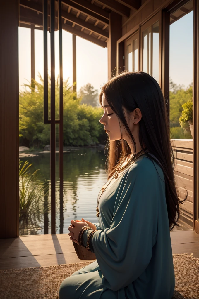 Create an image of a woman praying to God with hope in a calm and serene place 