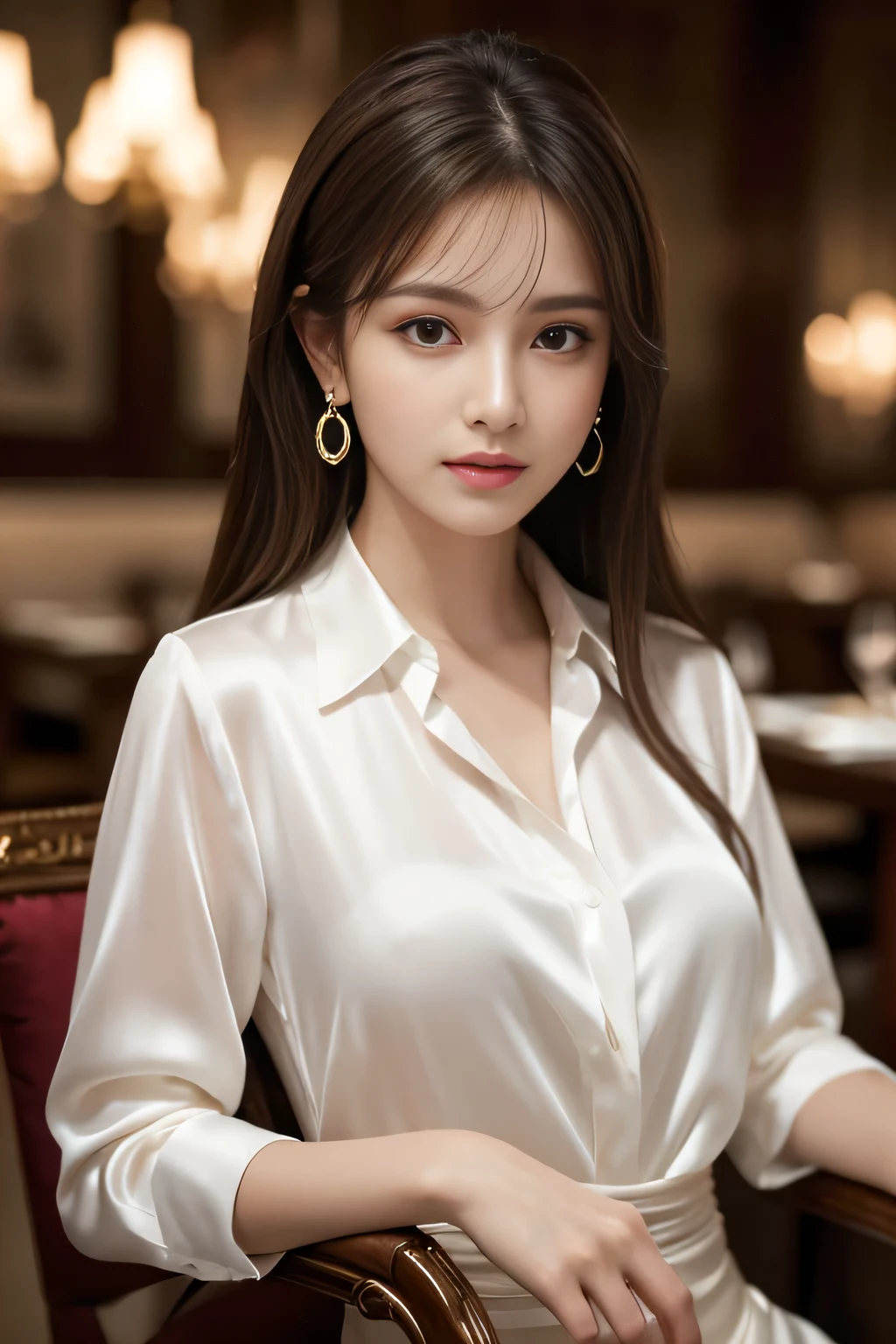 masterpiece, Highest quality, Realistic, Very detailed, Finer details, High resolution, 8k wallpaper, One beautiful woman, Wear an elegant white silk shirt, In a great restaurant, At night, Light brown messy hair, Perfect dynamic composition, Beautiful and beautiful eyes、Big earrings、Sit on a chair、