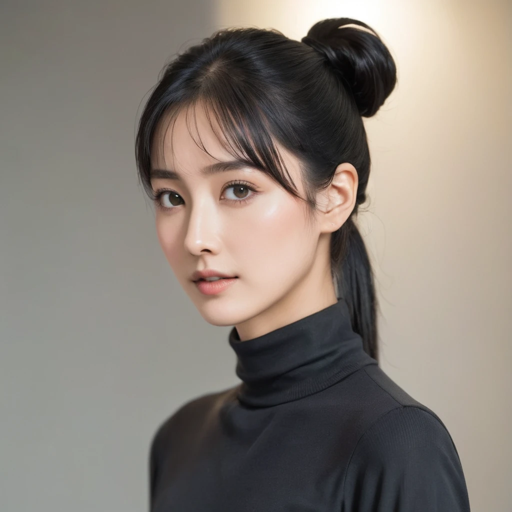 a woman, has a flat nose, shining eyes, thick black hair tied in a ponytail, tall body, no clothes