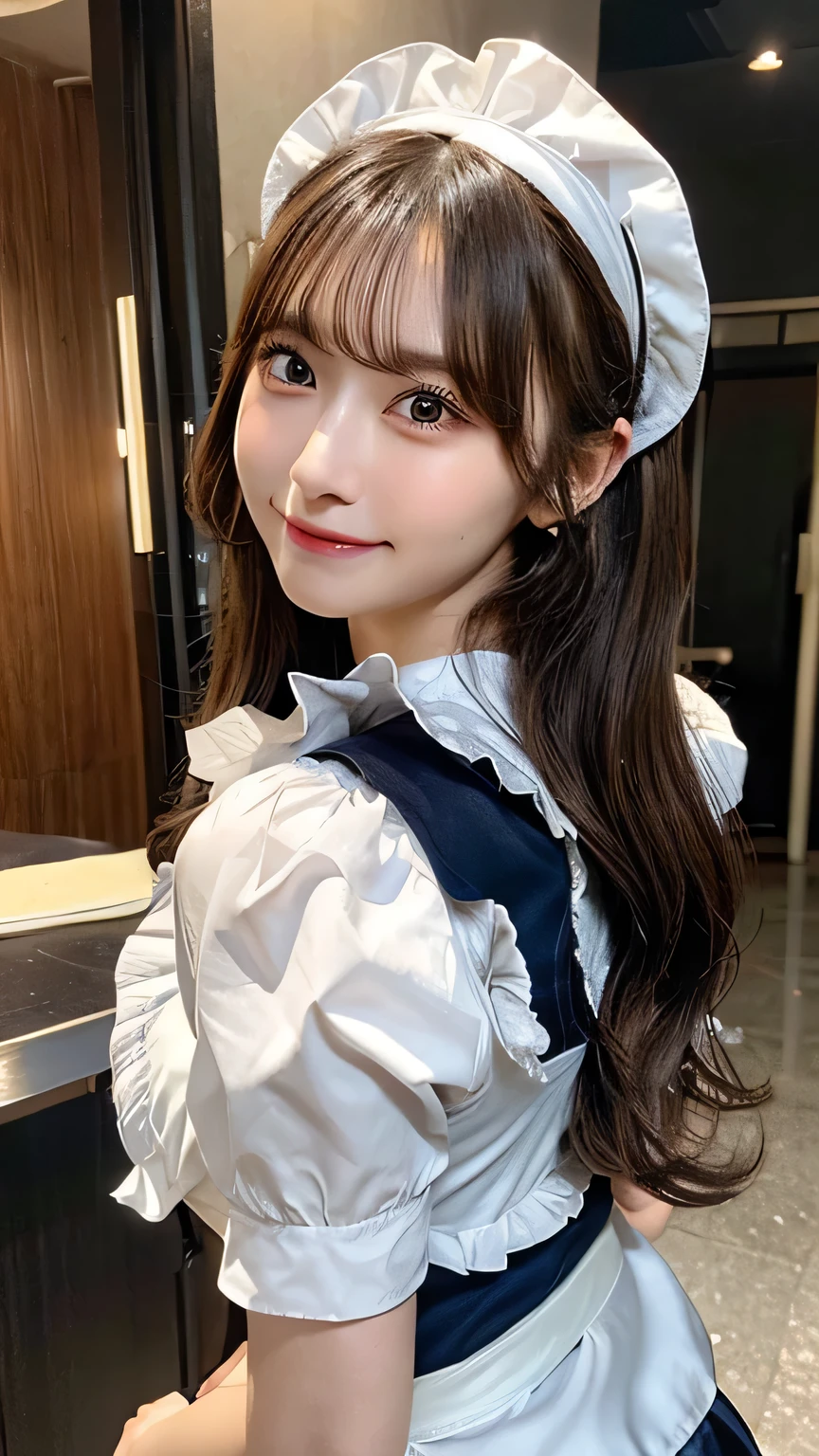 ((masterpiece、Highest quality、High resolution、Hmph、Pixel perfect、8K、Hmph、Hmph)))、1 Girl、single、alone、Beautiful woman、I could see the whole body、((Mid-wave hair、bangs、Brown Hair))、((Brown eyes、Beautiful eyelashes、Realistic eyes))、((Detailed face、blush:1.2))、((Smooth texture:0.75、Realistic texture:0.65、Realistic:1.1、Anime CG Style))、Big and ample breasts、Dynamic Angle、Perfect body、((Made in the UK、White ruffled maid headband、Frilled blouse、Ribbon tie、apron、Navy Blue Ilxox、High heels))、Luxury hotel stairs、Angle looking up from the bottom of the stairs、Very embarrassed、Panic Smile、looked back、Leaning forward、((The wind blew up her skirt, exposing her buttocks.....................、Recall、Touch your buttocks with both hands、Silk lace panties、Shiny thighs))