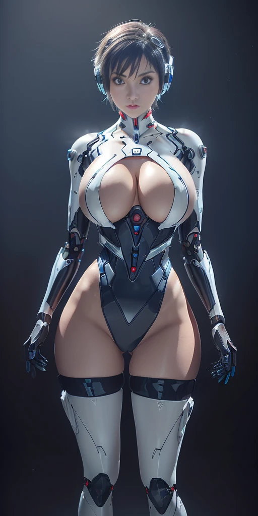 (1GIRL, alone, 独奏), (super detailed face), (Black Long Hair:1.2), (BIG BUTTOCKS, 11 LINE ABS, CLEAVAGE, HUGE FAKE BREASTS:1.5), (MECHA GUARD ARM:1.3), (A girl wearing sexy clothing,scantily clad,Whit cyberpunk sexy maillot,tight clothing,maillot,tight,fitting closely,High slit tight fitting clothing,Glowing eyes,Gloves,(A huge chest:1.4),Large area of skin,The only person,lackluster in one's eyes,A cold expression,White woman,mechanical artificial limb,Mechanical neck,mechanical high heel stiletto boots, Slim waist, Wide hips,High target,Full body portrait,完美的woman身体,woman形象,High-tech laboratory,woman,a voluptuous figure,Mechanical joints,Cyberpunk,Half of the chest is not covered,Thigh gap, Ceramic material,Hollow waist,Facing the audience,very short shaved hair,White hair,crew cut,tomboy, giant breasts, giant ass, very curvy, shiny silver hair, bright blue coloured eyes, cyborg, robotic arms,mechanical parts,Bare thighs,Sexy clothing,Mechanical headphones,Expose buttocks,Bare waist,Large area skin exposure, MECHA GUARD ARMOR LEGS, HIGH HEELS:1.5), (THICC MUSCULAR FEMALE BODY, SEXY LONG LEGS:1.1), (LOOKING AT VIEWER:1.3), (female focus:0.886),(BRIGHT LIGHTING:1.5), ULTRA HIGHT DEFINITION,Whit,highleg leotard,cyborg,cyberpunk