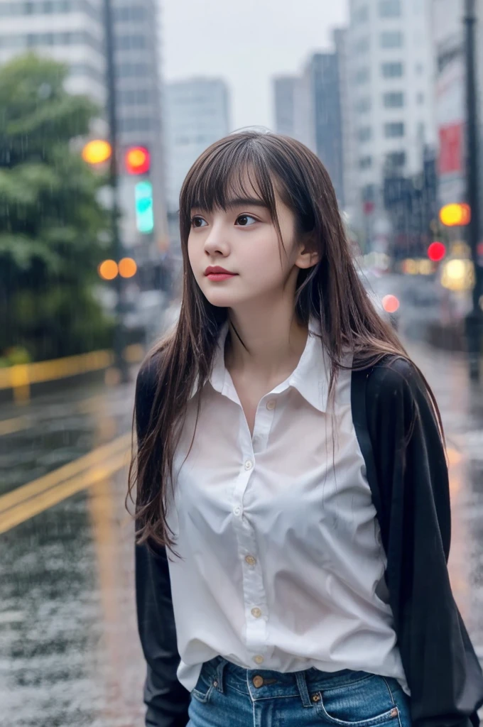 17 year old beautiful girl、Highest image quality、realistic、16K、beautiful woman、long hair、With bangs、Pretty slim、heavy rain、While walking through the city in the rain、wet from heavy rain、Full body figure、thin waist、clear background、Look up at the sky