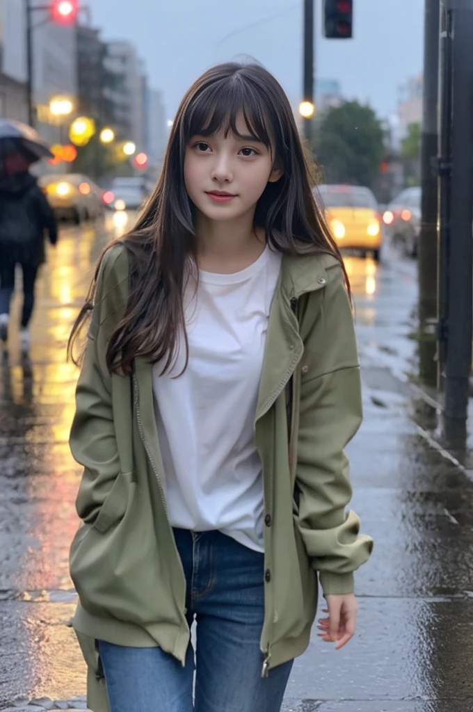 beautiful girl、Highest image quality、realistic、16K、beautiful woman、long hair、With bangs、Pretty slim、heavy rain、While walking through the city in the rain、wet from heavy rain、Full body figure、thin waist、clear background、Look up at the sky