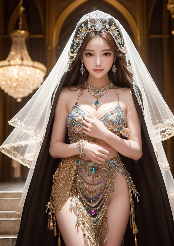 Flat Chest、(Slim body）、((Slim body))、Long Hair,masterpiece,diamond、big diamond necklace、Earrings,background of fantasy,(((Brown Hair)))、美しいきらめくcrystal玉, mystical 、Magic Ball、crystal、Fortune telling、Magical fantasy enchanted ethereal, Cinematic shots, Movie Scenes, amazing, Breathtakingly beautiful, たくさんのcrystalに囲まれて、Multicolored gemstones、Raw stone chunk、宝石からパワーとLightが満ち溢れている、A magical feeling in the air, Magical fantasy, Diffuse lighting、 Highest quality, High resolution, unity 8k wallpaper, (shape:0.8), (Beautiful details:1.6), Highly detailed face, Mr.々A gem、crystalからLight線、Light、Jewelry Dresses、Smiling happily、Wearing a veil、Fortune telling師のコスチューム、Full Body Shot、Beautiful legs、Standing surrounded by beautiful jewels、Spiritual World、Beautiful Churches in Europe、Gorgeous Chandeliers、