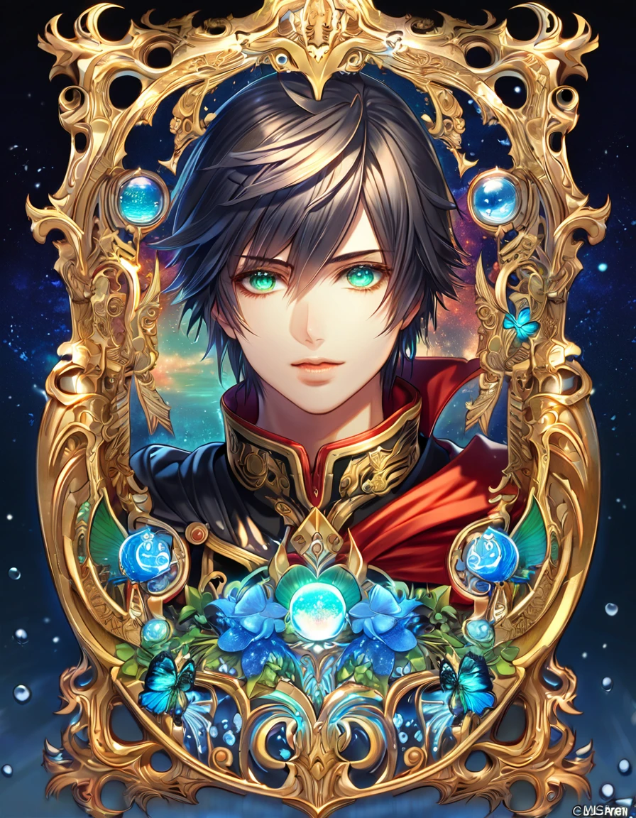 absurdres, highres, ultra detailed, HDR, master piece, best quality, extremely detailed, Kunagiri Machina, black hair, expressive green eyes, Final Fantasy Type 0, solo, sexy man, handsome, black uniform, red cape, fantasy, water, sparkling, blue glittering fireflies, blue moon, blue flowers, blue butterflies, starry sky