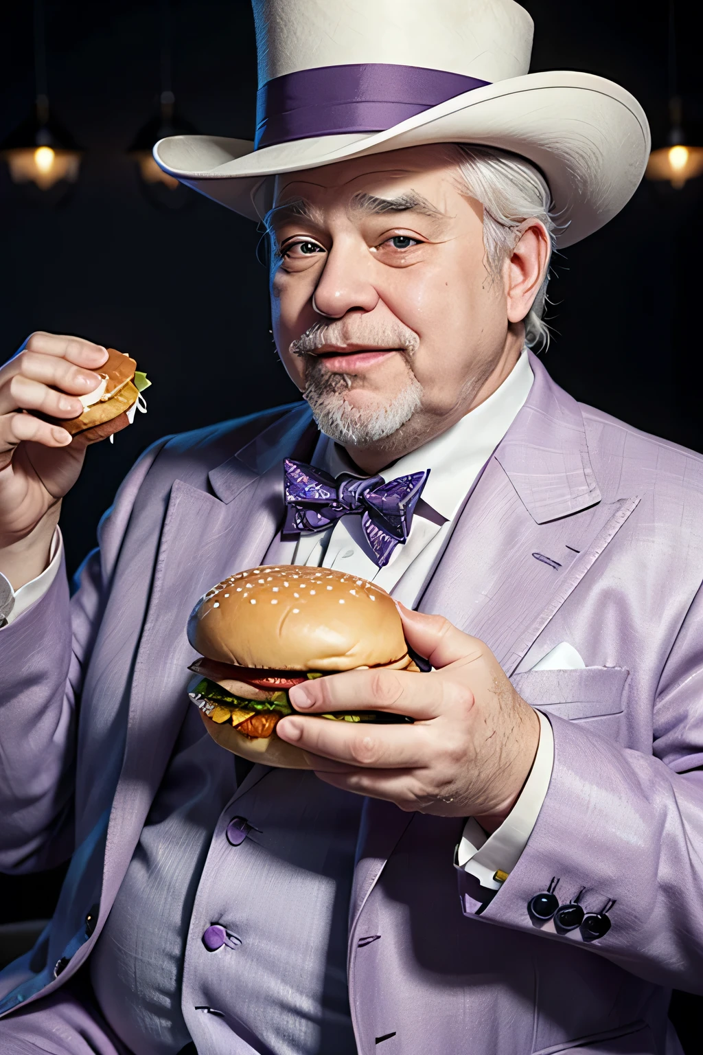 create the image of a fat old man with white hair wearing a lilac top hat and a colorful suit holding a hamburger to take a bite, the image must be made in pixar drawing style.