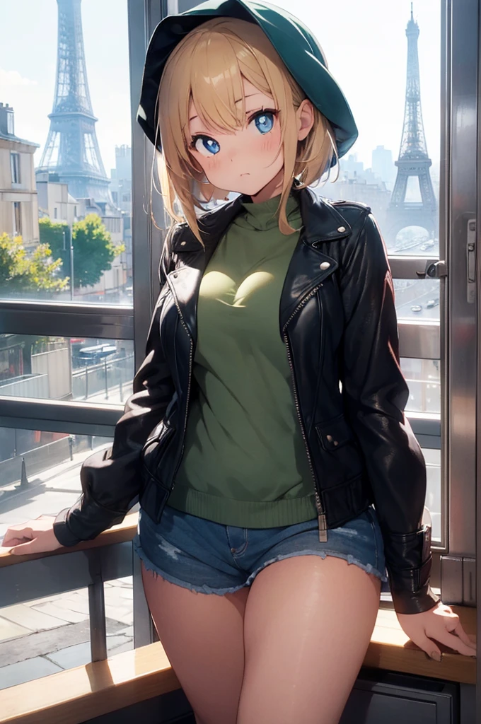 1 female, shy, french girl, young ???, bonnet, cute, Leather jacket, hourglass figure, thick thighs, full body pic, blond, blue pupils, pout, best quality, eiffel tower on the window, cute, green french clothes, in an apartment.