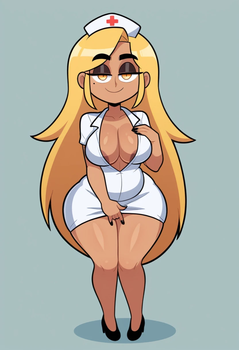 Expressiveh, egirlthot, chibiIcon, , score_9, score_8_up, score_8, (top quality,8k wallpaper),(masterpiece,best quality:1.2), ((source_anime, anime)), 1girl, , goat pupils, gyaru, ((very light blonde hair, long hair, )), old, mother, milf, , ,, tan skin, makeup, tan skin, saggy breasts, top, nurse, nursing, nurse clothes, clothed, , saggy, amused eyes, amused smile, , , wide eyes, jealous, jealousy, very jealous, yandere, , , blonde eyebrows, , obsessive, , black mascara, black eyeliner, yellow eyes, , , , , big sister, , large eyes, beauty mark, , giggling, laughing, leaning , , , very long fingernails,s1z3d1ff_t4lk, taller girl, standing, legs straight, bent forwards, arched back, hands on knees, , [[from below]:0.5], pov, eye contact, chibi, icon, cartoon, big head, wide hips, wide torso, plump, big eyes, big belly, fat, 1male, skinny, small penis, masturbation, phimosis, 