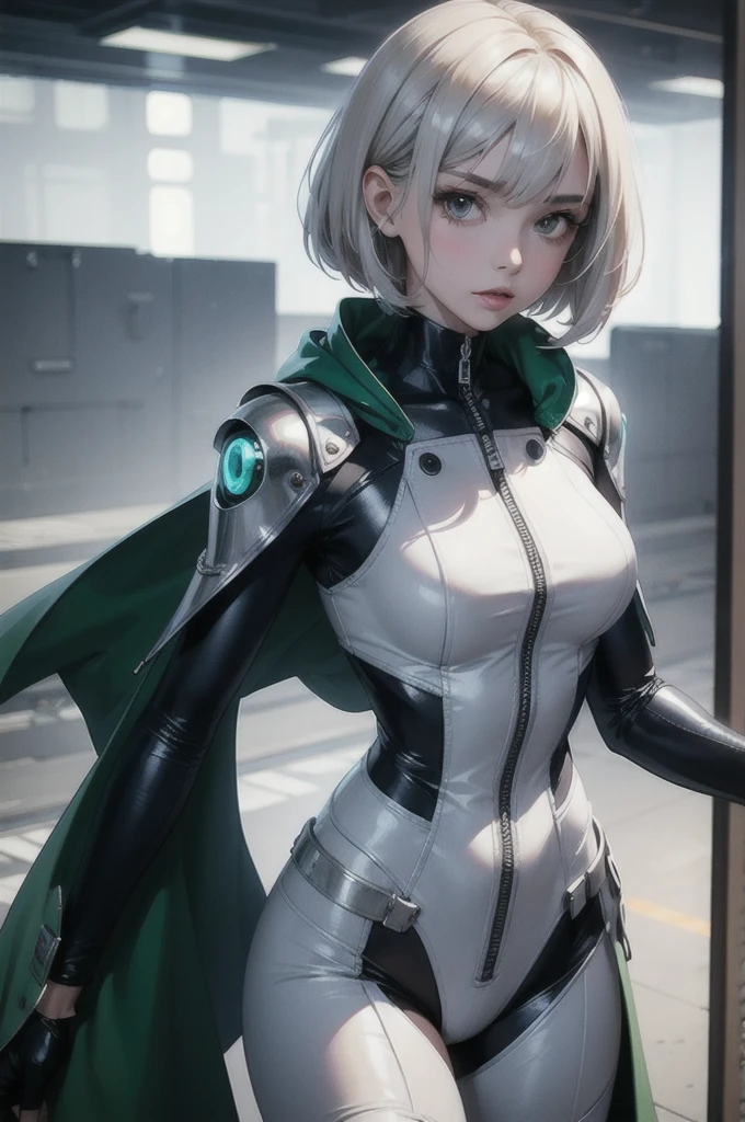 Bobcut, cabelos greens, coat, throw, steampunk, col: white/green, Face retouching, Labrador, Robot Suit, Chrome Skin, be familiar with, Anime Cosplay, Enhanced Cyber, Skin Color – Silver, Slim Bodysuit