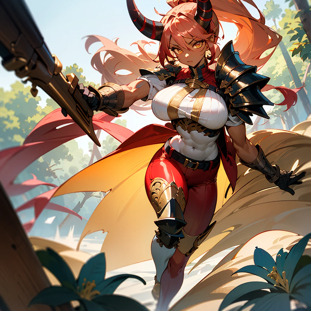 ((best quality)), ((masterpiece)), (detailed), 1girl, off-shoulder sweater, 8k_wallpaper, extremely detailed eyes, extremely detailed body, (large masterpiece digital art), ((perfect anatomy huge chest)), (intricate details:1.3), (ultra-detailed:1.3), (sharp focus:1.3), (natural lighting:1.05), (vivid colors:1.3), (best quality:1.4), high quality, expressive eyes, full body, tall girl, detailed face, beautiful face, perfect face, detailed ((sand hair)), (gold eyes), ((big red horns)), {{dark skin}}, ({dark skinned female}), gigantic breasts, thick thighs, a young Korean woman, (with golden eyes), (ponytail sandy lush hair), {tanned dark bronze skins), powerful sculpted leg muscles, powerful sculpted arm muscles, powerful sculpted abdominal muscles, sculpted thigh muscles, wears a red coat with rolled up sleeves, gold-colored steel heavy armor, a wide red leather belt with silver thread, leather pants with steel thigh guards, leather steel gloves, walking through the forest, trees with blue foliage and white flowers,