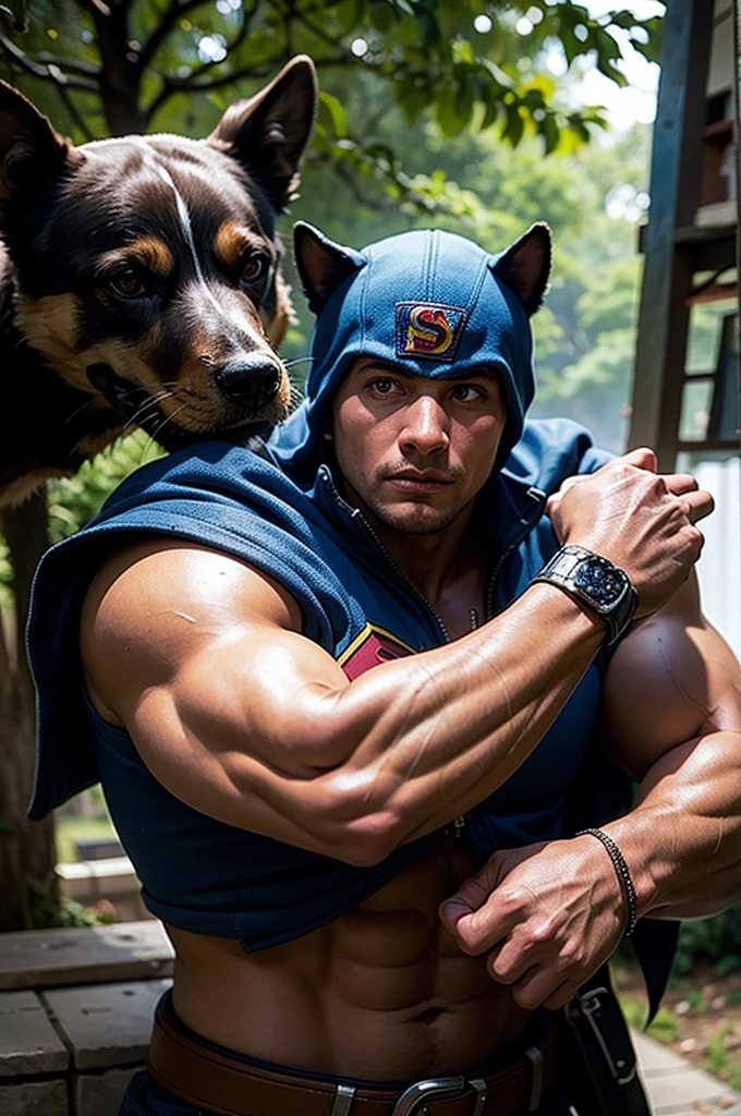 superhero,colombian superhero,dog,saving dog,dog in tree,heroic pose,muscular build,chiseled features,determined expression,cinematic lighting,dramatic shadows,vibrant colors,comic book style,dynamic composition,highly detailed,photorealistic,8k,best quality,masterpiece