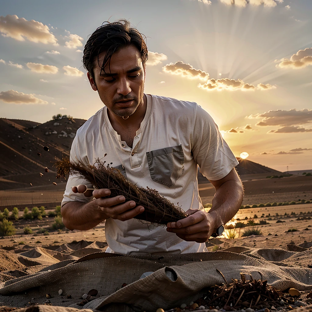 Highest image quality, outstanding details, ultra-high resolution, (realism: 1.4), a man scattering seeds on the empty land,cinematic, sunset