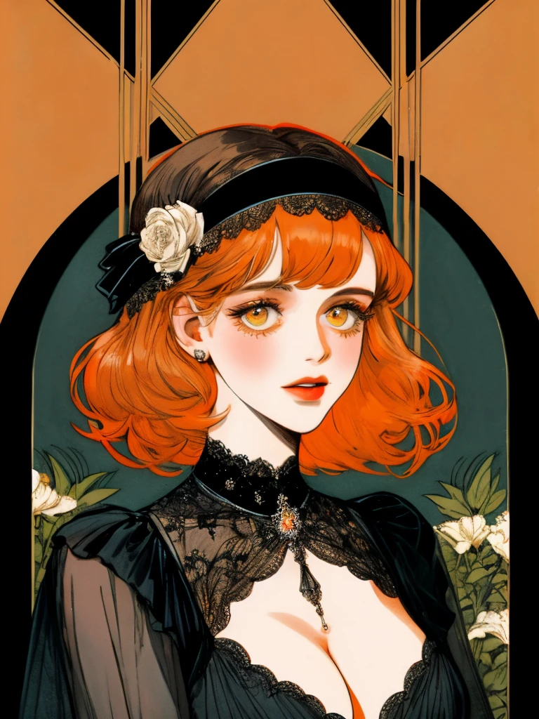 masterpiece, collage of short orange haired woman, hazel eyes, show cleavage a little, wearing black dress and black flapper headband, German, 1920s, 1920s outfit, a singer, in a cruise, flower, calm demeanor, various pose