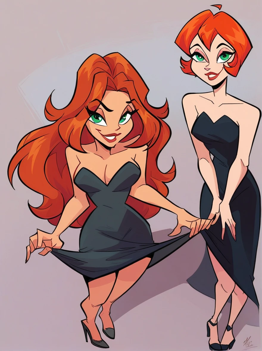 with_Uncle, 2 girls, scorched, lifting the dress, showing legs, redhead, withue eyes, Looking at viewer smiling, caressing their thighs while they reveal their thighs, front view, standing with legs spread, medium breasts, strapless long tight black dress, Sexy Black Platform Heels, long legs, simple background, score_9, score_8_above, score_7_above,