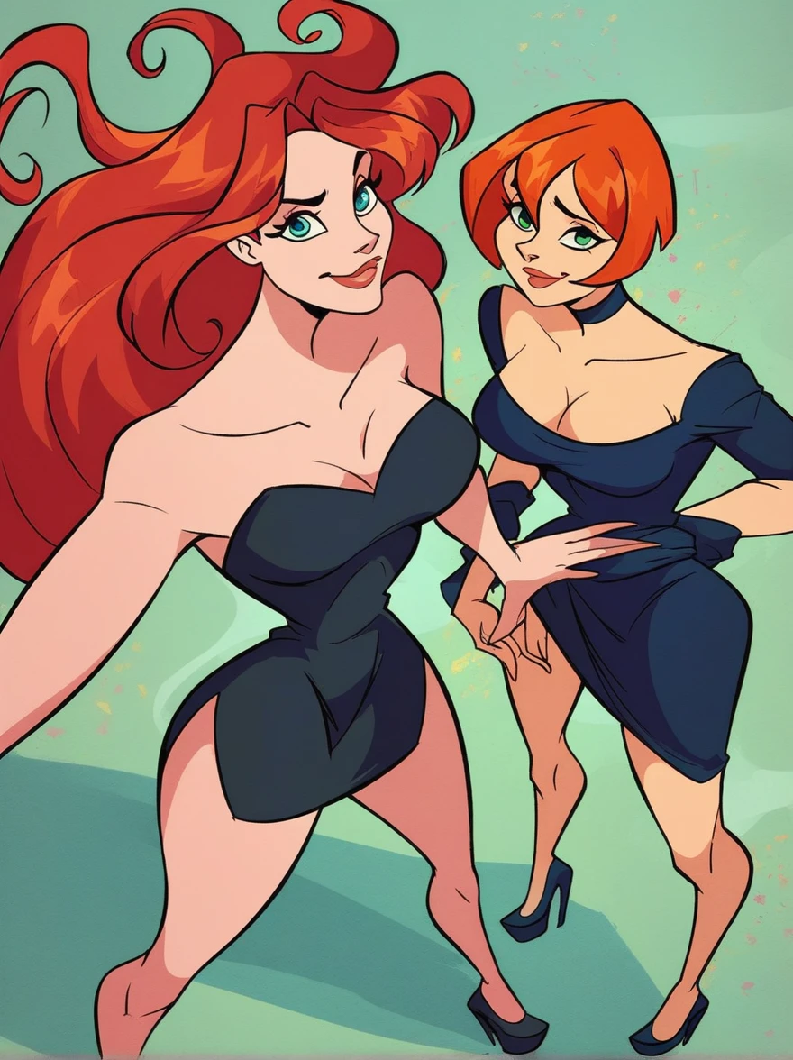 ar_el, 1girl, fair skin, red lips, red hair, large aqua-blue eyes (rating safe), dance studio, standing, glasses, detailed, detailed fur, front view, ballerinas, white panties with pink hearts, heart print panties, 2girls, duo, tutu dress, ballet dance, pirouette, having fun
