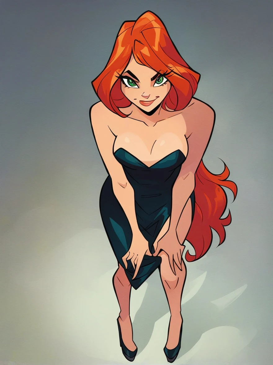 with_Uncle, 2 girls, scorched, lifting the dress, showing legs, redhead, withue eyes, Looking at viewer smiling, caressing their thighs while they reveal their thighs, front view, standing with legs spread, medium breasts, strapless long tight black dress, Sexy Black Platform Heels, long legs, simple background, score_9, score_8_above, score_7_above,