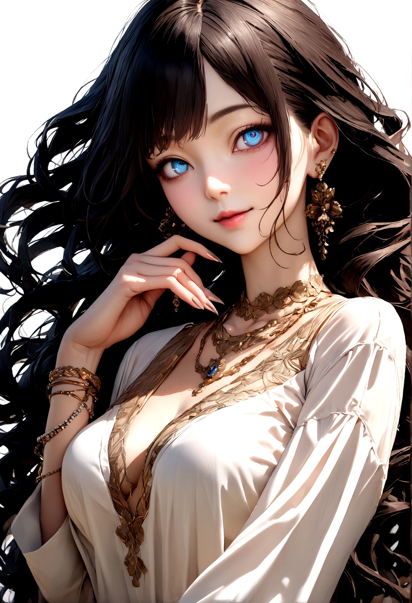 (Best Quality:1.4), (8K), 32K, (UHD), (Masterpiece:1.3), Photo of Japanese pretty woman, (Photorealistic), (Raw Photography), (1girl), (Ultra High Details), (Detailed face), perfect face, (Detailed hair), Beautiful hair, bangs, Layer Cut, (symmetrical eyes:1.3), (Detailed eyes), (Detailed skin), Realistic skin, Ultra high definition, (medium breasts), firm breast, (slim figure), (super model figure), gentle smile, Japanese cute young girl, 

(Wearing a high fashion Beautiful shirt with intricate weave), necklaces, earrings, bracelets, 
Portrait, cowboy_shot:1.3, narrow face:1.3, [(white simple background):25]