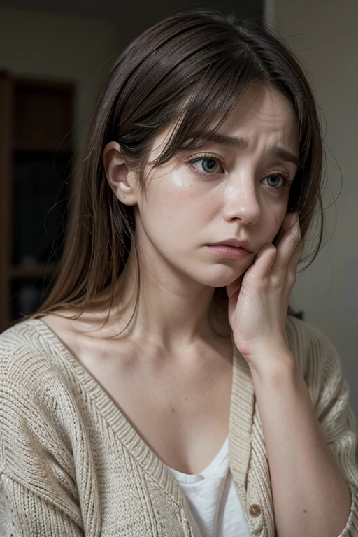 Create an image of an anxious and thoughtful woman, This woman is white, approximately 32 years old, she is worried about something