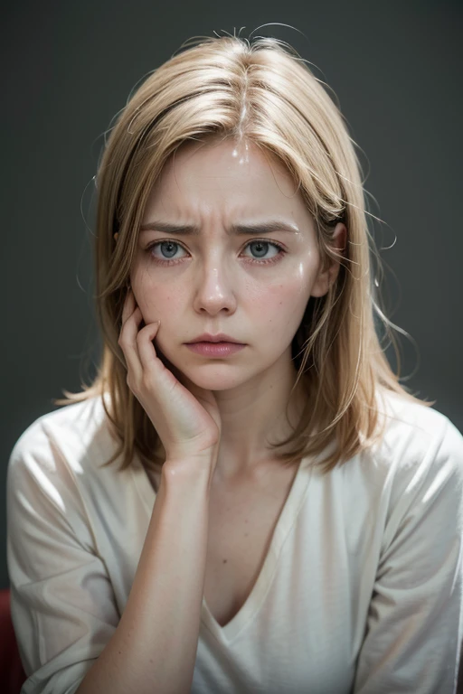 Create an image of an anxious and thoughtful woman, This woman is white, approximately 32 years old, she is worried about something