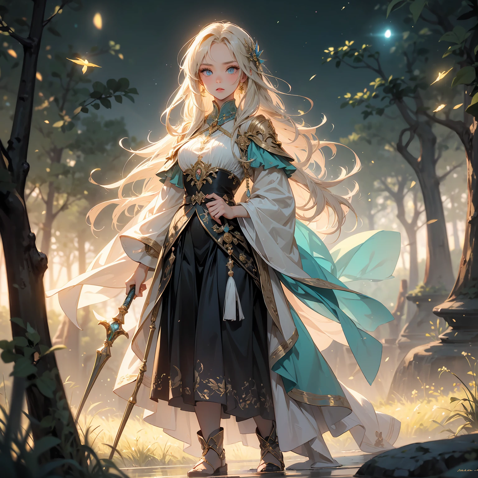 A stunning artwork of a majestic female character standing in an enchanting, mystical landscape. The full-body view showcases her in stylish and unique clothes of gold and purple, exuding an aura of elegance and power. Her long, flowing golden hair frames a face of regal beauty, highlighted by light blue eyes that radiate wisdom and an otherworldly charm. She holds a magic staff, intricately designed and glowing with mystical energy, adding to her majestic presence.
The scenery around her is a fantastical forest bathed in twilight, with towering ancient trees and luminescent flora. A serene river flows nearby, reflecting the soft glow of a setting sun. Fireflies and ethereal lights float in the air, enhancing the magical atmosphere of this tranquil setting.