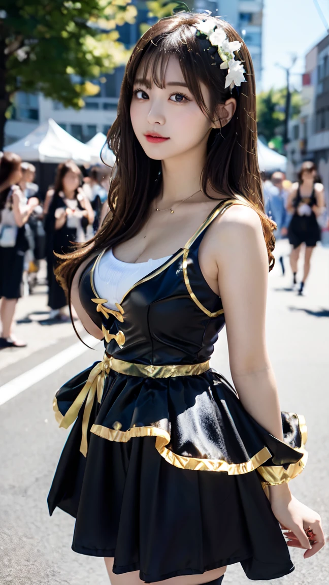 ((idol costume:1.5)), ,The cutest gravure idol pose in the world、perfect proportions、big breasts, valley, cute、((18 year old female:1.ung adorable japanese face,outdoor festival, official art,Highly detailed CG Unity 8K wallpaper,(masterpiece:1.0),(highest quality:1.0), 超A high resolution,4k,Super detailed, photo shoot, 8K, nffsw, High resolution, kodak portrait 400, film grain, lens flare glow,高いest quality,8K,nffsw:1.2),portrait shot,8K、View viewer、view from the side