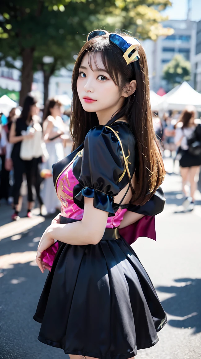 ((idol costume:1.5)), ,The cutest gravure idol pose in the world、perfect proportions、big breasts, valley, cute、((18 year old female:1.2))、young adorable japanese face，outdoor festival, official art，Highly detailed CG Unity 8K wallpaper，（masterpiece:1.0),(highest quality:1.0), 超A high resolution,4k,Super detailed, photo shoot, 8K, nffsw, High resolution, kodak portrait 400, film grain, lens flare glow,高いest quality,8K,nffsw:1.2),portrait shot,8K、View viewer、view from the side