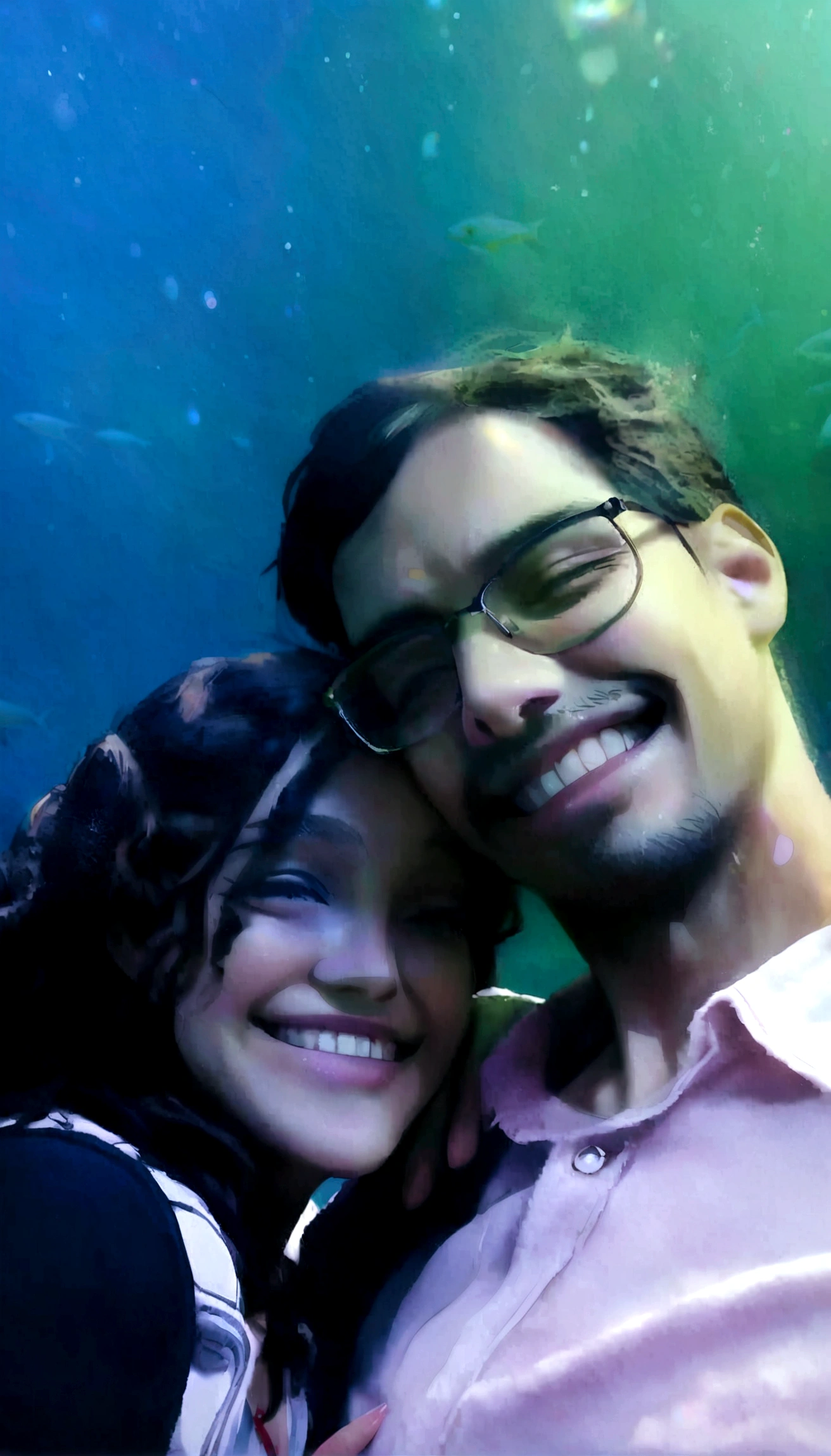 Couple smiling on an aquatic background