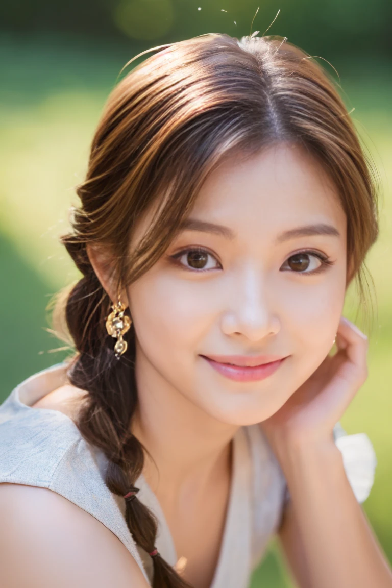 ((Highest quality, 8K, masterpiece: 1.3)), One girl, The beauty of slim abs: 1.3, (Casual Hairstyles, :1.2), Loose dress, Super detailed face, Delicate eyes, double eyelid, smile. Take a photo with a cute pose, Very low number, Narrow waist, Big Breasts, close, close, Beautiful background