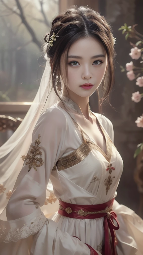 Portrait of a women saint of 28 years old, Saint with a beautiful and super cute face,Wearing a very thin and sexy Ao Dai, Beautiful cute face, There is a deep slit in the chest、Black and white lace trim attractive Ao Dai, Beautiful face without blemish, Lovely smile, ((7 colors of hair length:1.2)), Big Crown, Hair brooch, Hamf Dress, Chinese ancient style, Full Body Jewelry, Tattoo on the forehead, The breasts of the female saint are round、It's so full, Breast augmentation surgery, Innocent face, The most beautiful and detailed pale red lipstick, ((thin plump lips:0.3)), Delicate pink and white eyes (White and detailed) Cinematic, Light and Darkness, Dramatic Lighting, magical light, Highly detailed light, True Color, Super sharp, Realistic, The 8k quality, Fantasy universe background, Saints and magical spaces, The most detailed image, Solo, saints, ((See the saint's upper body directly:0.4)), ((Smooth skin:0.5)),