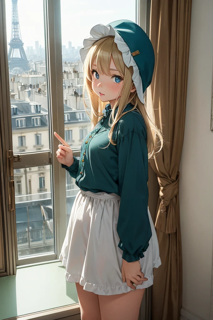 1 female, shy, french girl, young kid, bonnet, cute, hourglass figure, thick thighs, full body pic, blond, blue pupils, pout, best quality, eiffel tower on the window, cute, green french clothes, in an apartment.