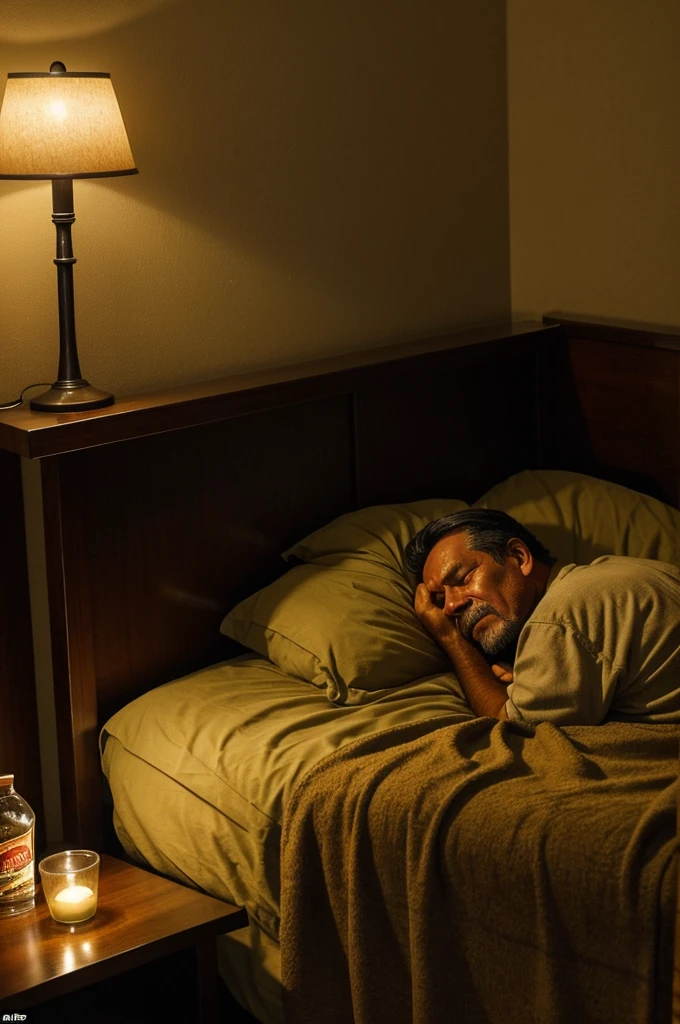 An old man lying in his bed at his side on his nightstand is a drink in the distance is an indigenous man standing crying
