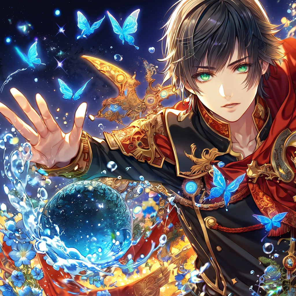 absurdres, highres, ultra detailed, HDR, master piece, best quality, extremely detailed, Kunagiri Machina, black hair, expressive green eyes, Final Fantasy Type 0, solo, sexy man, handsome, black uniform, red cape, fantasy, water, sparkling, blue glittering fireflies, blue moon, blue flowers, blue butterflies, starry sky